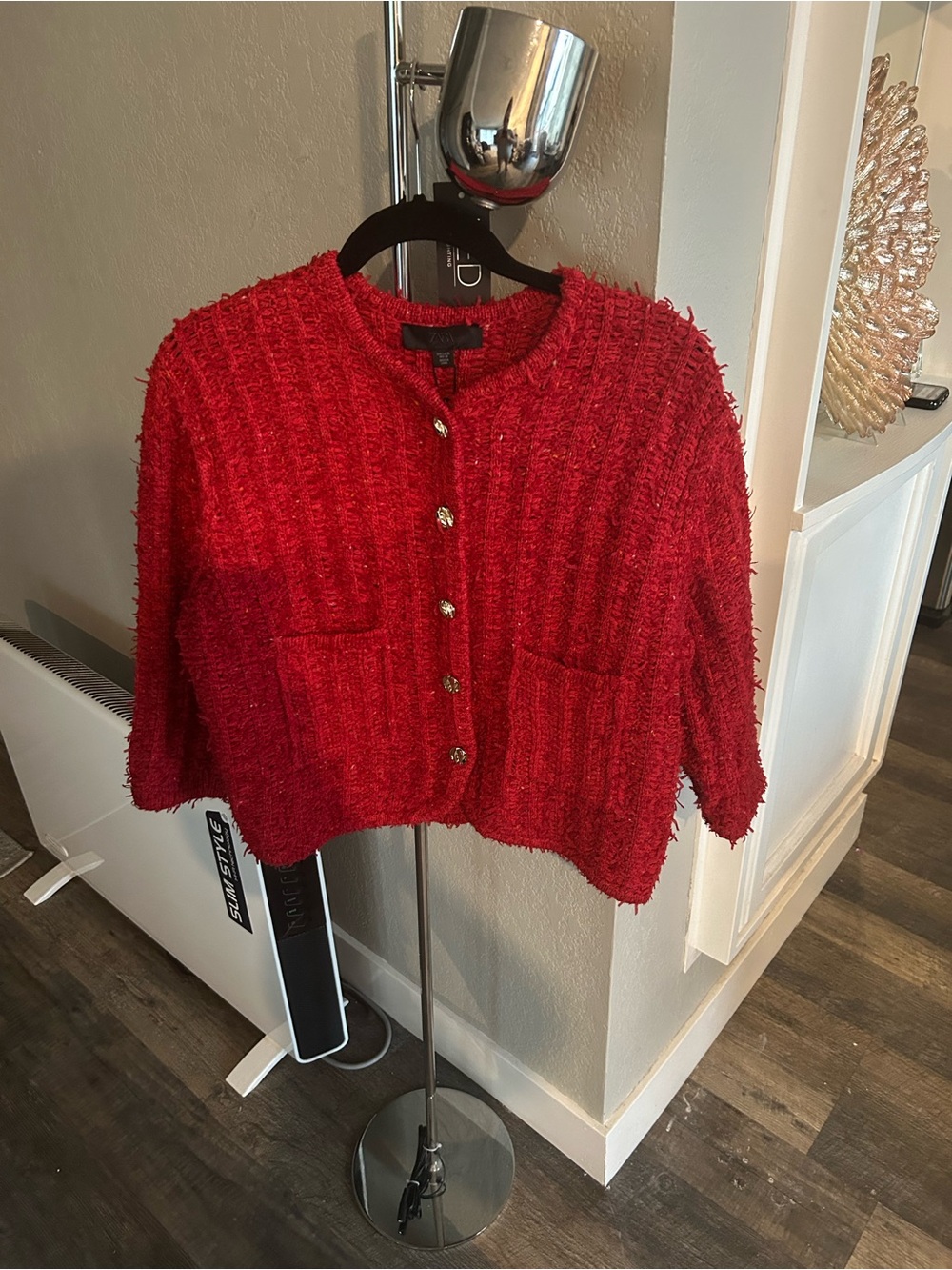 Zara Red Textured Cropped Thick Knit Cardigan